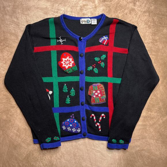 Vintage 90s Paul Harris Design Embroidered Patchwork Christmas Holiday Cardigan - Picture 1 of 8